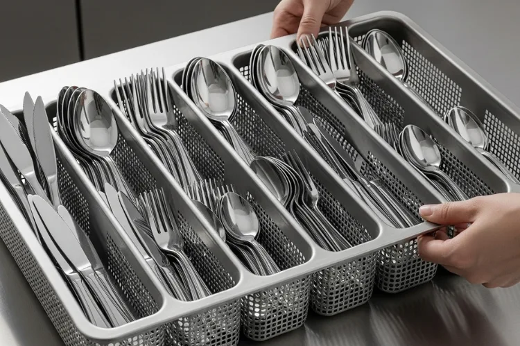 Knife, fork, and spoon held securely in a compartmentalized commercial cutlery basket.