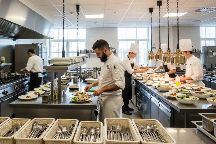 A fast-paced commercial kitchen with chefs working while cutlery baskets.