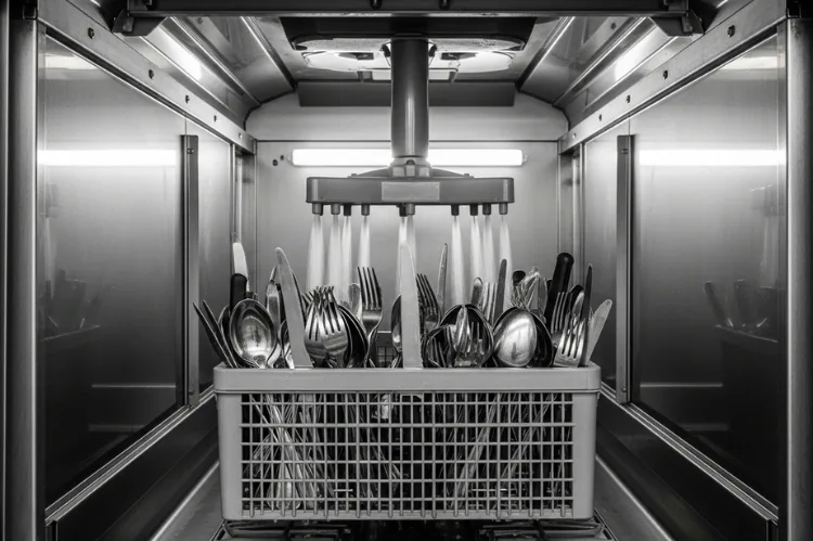 a commercial cutlery basket in an industrial dishwasher.