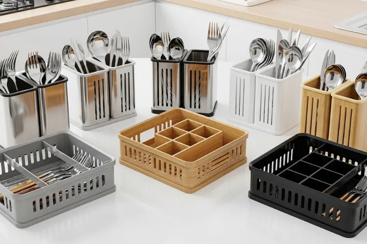 Multiple types of cutlery baskets with adjustable compartments.