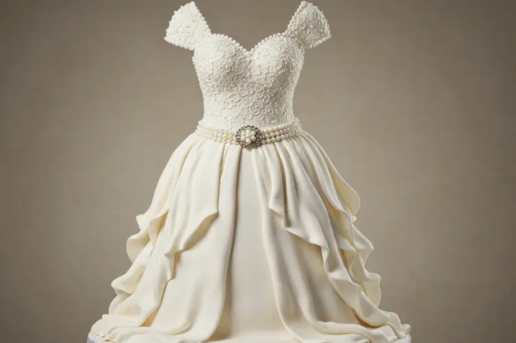 Artistic wedding cake shaped like a wedding dress.
