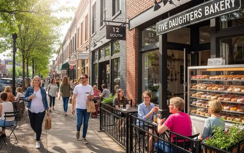 “Charming 12 South street Nashville, cafes, donuts, people walking, sunny day, lifestyle photography”