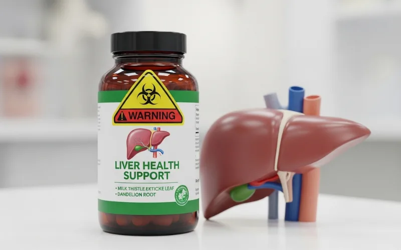 Vitamin bottle with warning sign, liver health concept medical illustration