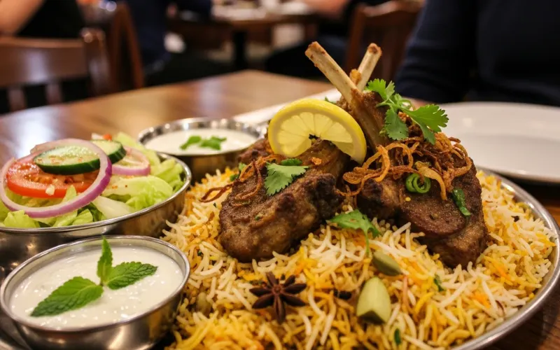 “Goat chops, biryani plate, Pakistani restaurant table”