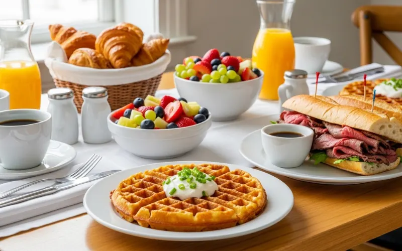 “Scallion waffles, French dip sandwich, brunch table”