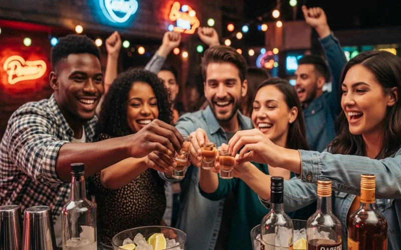 Friends taking shots together in lively bar, nightlife scene