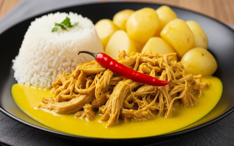 Creamy shredded chicken in yellow chili sauce, served with rice and potatoes.