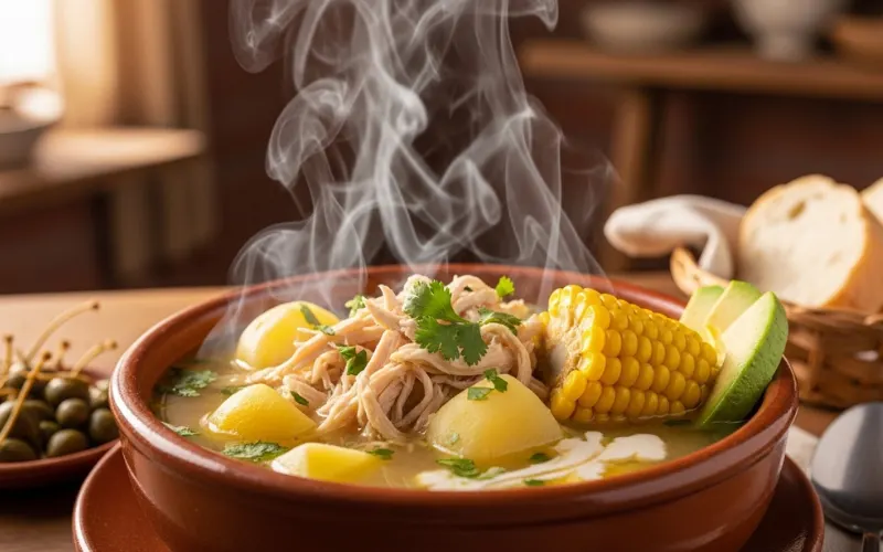 Hot Colombian chicken soup with corn and potatoes in bowl