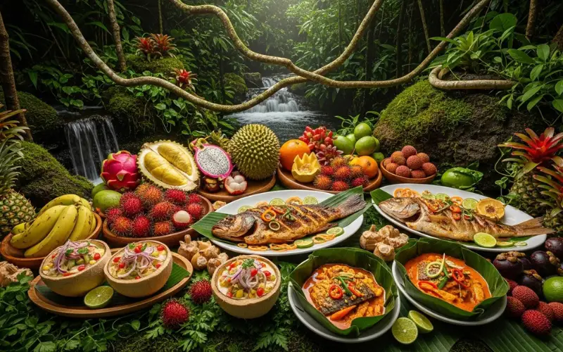 Exotic fruits and fish dishes in jungle setting, indigenous style