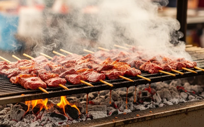 Grilled beef heart skewers on street grill, smoky charcoal cooking.