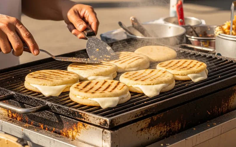 Fresh grilled arepas with cheese on hot griddle, street vendor cooking