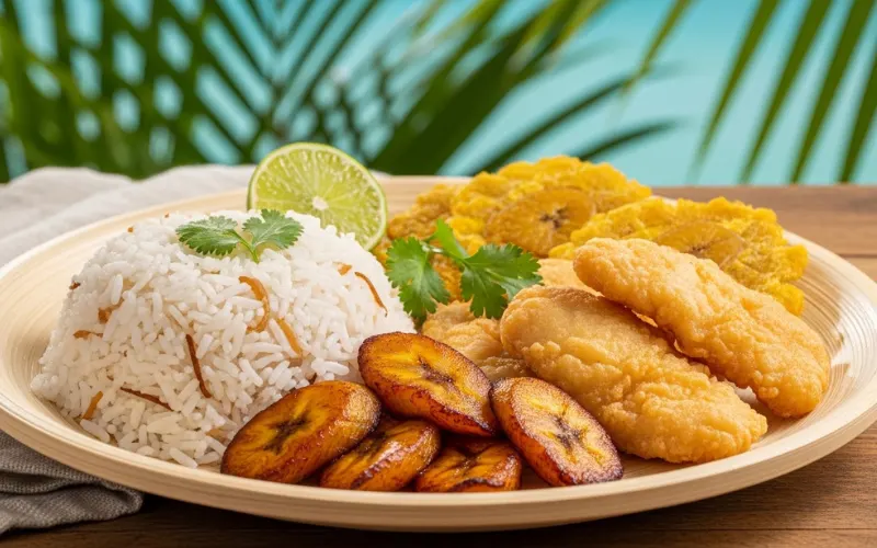 Coconut rice served with fried fish and plantains, tropical plate