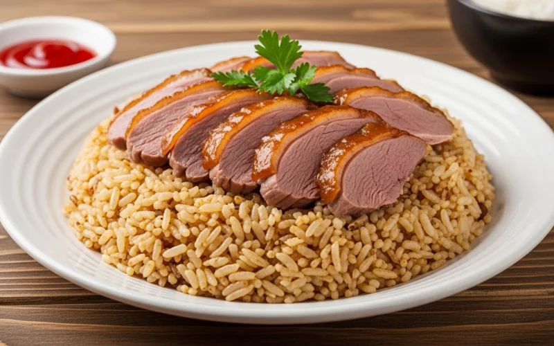 Sliced roasted duck breast with glossy sauce served over seasoned rice on a white plate, parsley garnish