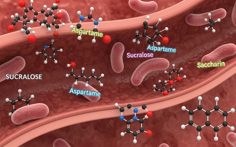 Gut health illustration with bacteria icons and artificial sweetener molecules