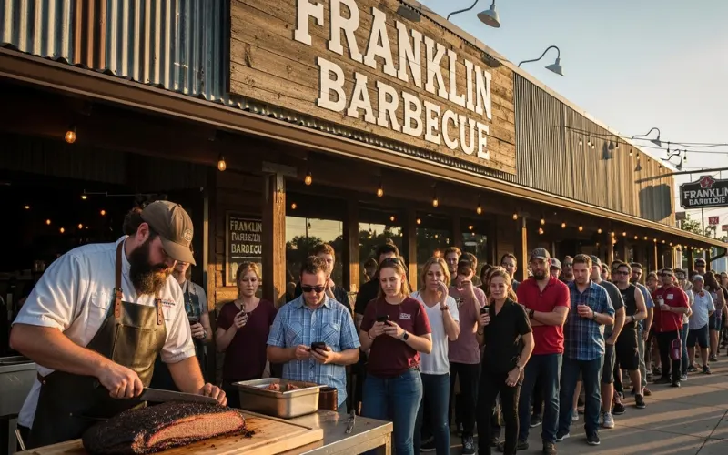 “Texas BBQ line outside restaurant, people waiting, smoked brisket being sliced”