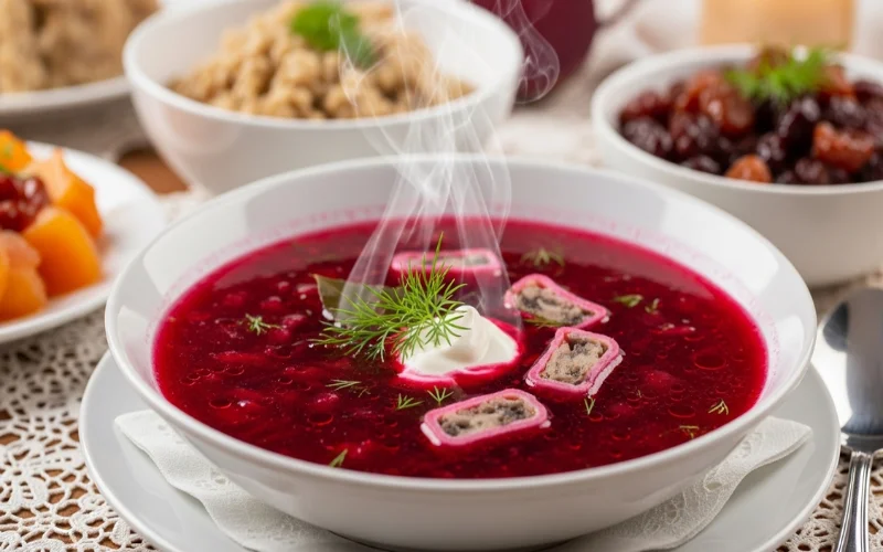 Explain barszcz beetroot soup, its color, flavor, and its importance during Christmas Eve meals.
