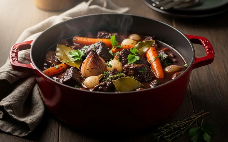 Slow cooked beef bourguignon in rustic pot, rich red wine sauce, carrots and herbs, cinematic lighting.