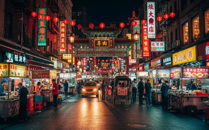 “Busy Chinatown street with many restaurants, neon signs, Asian food stalls, night scene”