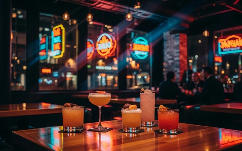 “Nightlife in Nashville, craft cocktails on table, neon lights, downtown Nashville at night, stylish bar interior, cinematic lighting, travel photography, 16:9”