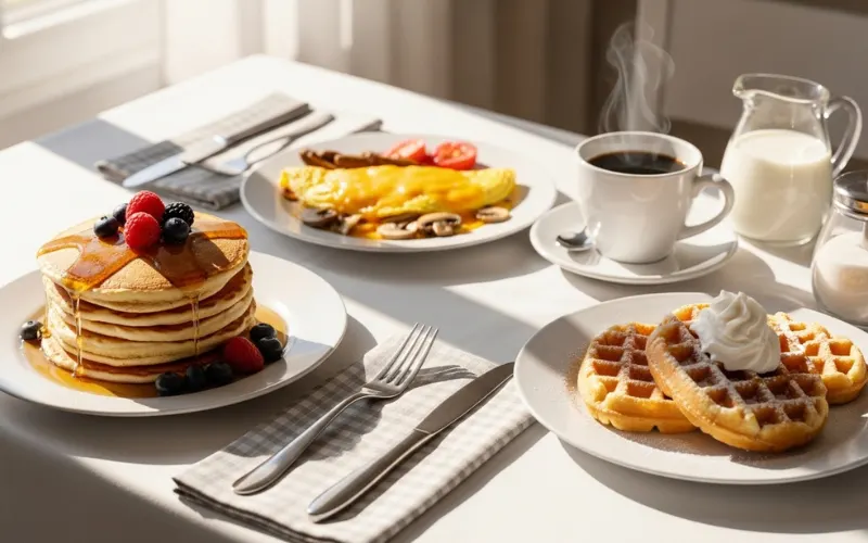 Breakfast table with pancakes, omelette, waffles, coffee, bright morning light