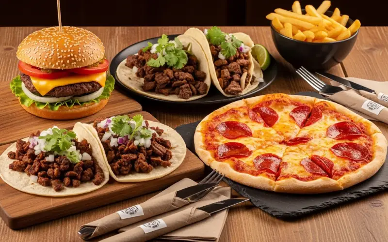 “Cheap eats food spread, burgers, tacos, pizza slices, casual dining table, vibrant colors”