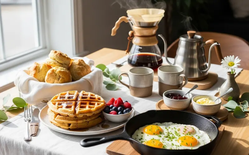 “Brunch table with waffles, eggs, biscuits, coffee, bright morning light, aesthetic brunch setup”