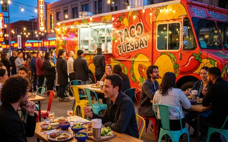 “Street food tacos, food truck, casual outdoor seating, vibrant street food scene”