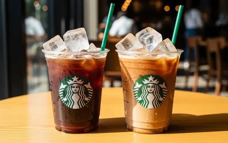 Starbucks cold brew and iced coffee drinks, clear cups, ice cubes, smooth dark coffee, summer cafe vibes.
