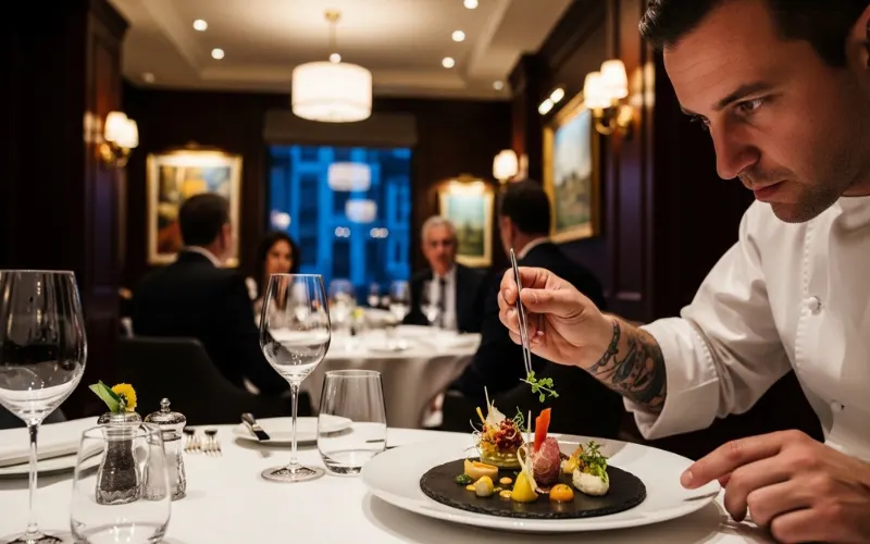 “Fine dining tasting menu, artistic food plating, chef placing food, luxury restaurant interior”
