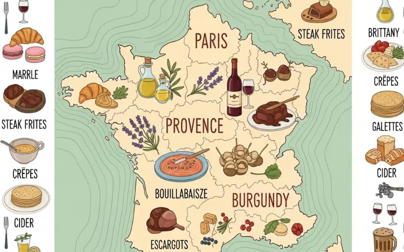 France food map, regional dishes from Paris, Provence, Burgundy, Brittany, illustrated culinary map style.