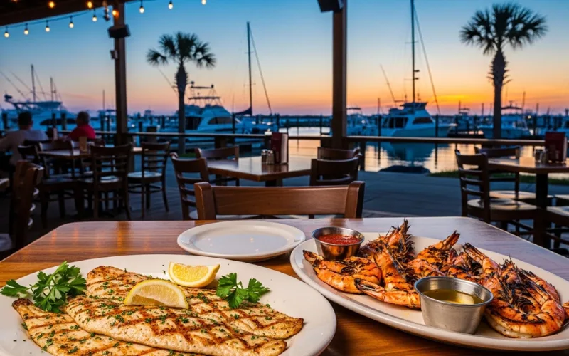 Waterfront seafood restaurant in Orange Beach, grilled fish, shrimp plate, marina view