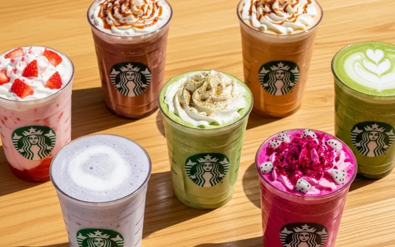 Colorful Starbucks non-coffee drinks including Pink Drink, Chai Tea Latte, Matcha Latte, London Fog, Dragon Drink.