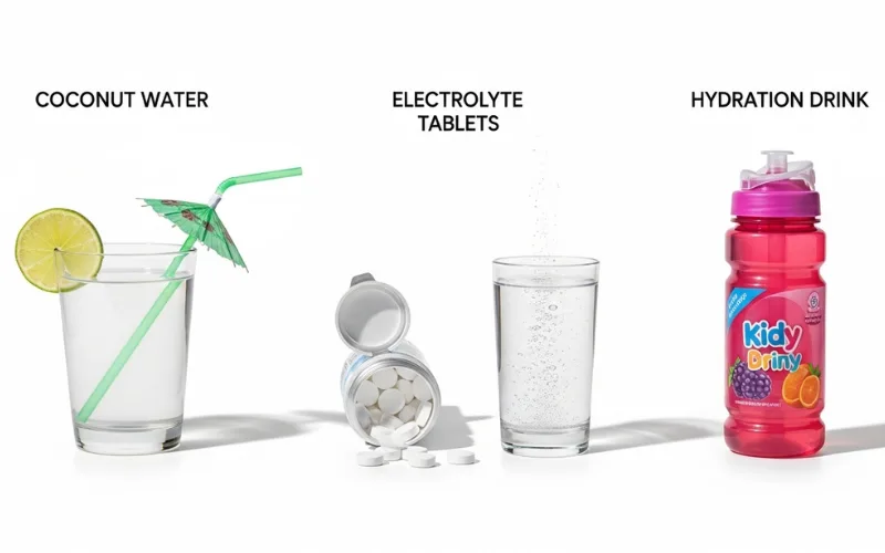 “Healthy electrolyte drinks for kids including coconut water, electrolyte tablets, and hydration drinks on a clean white background, health comparison style”