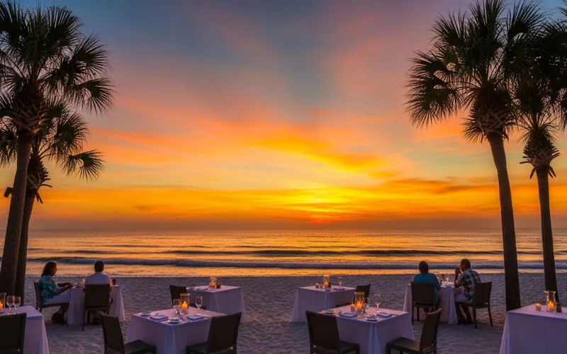 Orange Beach sunset, outdoor dining, palm trees, coastal travel scene