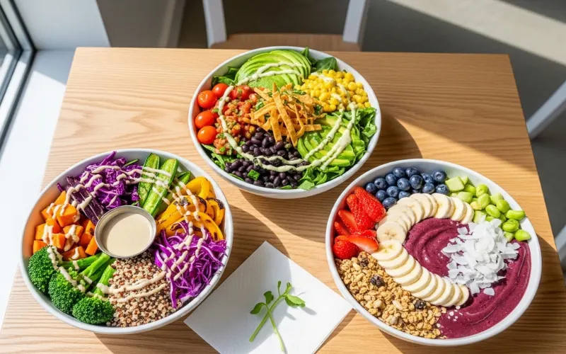 “Colorful vegan food bowls, plant-based dishes, modern healthy restaurant, bright natural lighting, food photography”