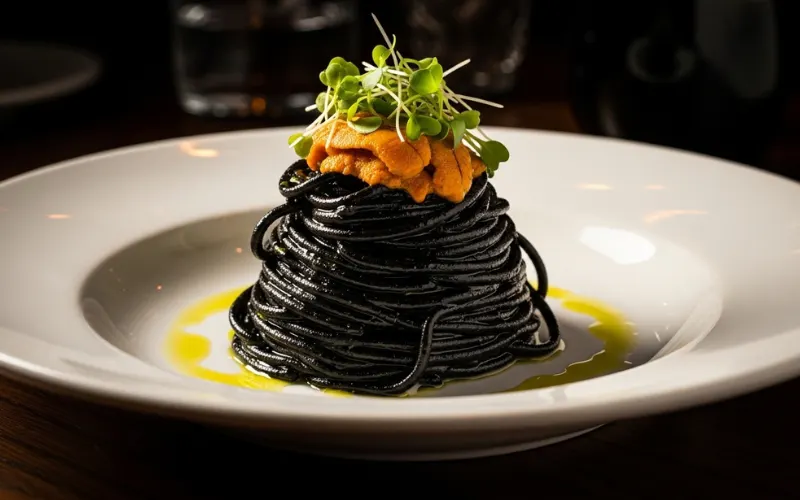 “Squid ink pasta fine dining plate, Italian restaurant Bestia Los Angeles style, dark moody lighting, gourmet presentation”