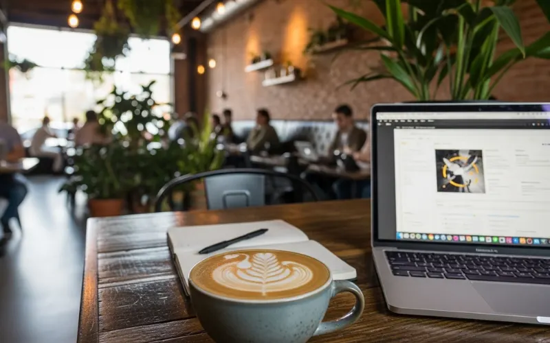 “Trendy coffee shop Nashville, latte art, laptop on table, aesthetic cafe interior, natural light, hipster cafe vibe”