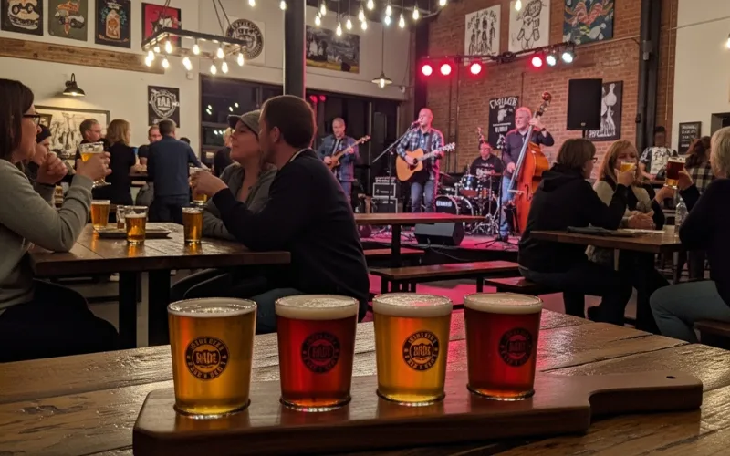 Craft beer flight, brewery interior, live music, casual atmosphere