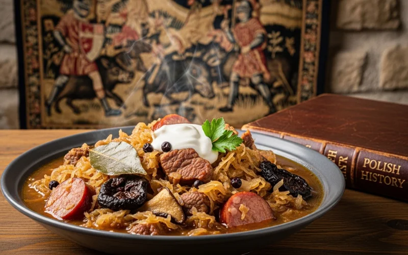 Explain bigos stew, its ingredients like sauerkraut and meats, and its historical importance.