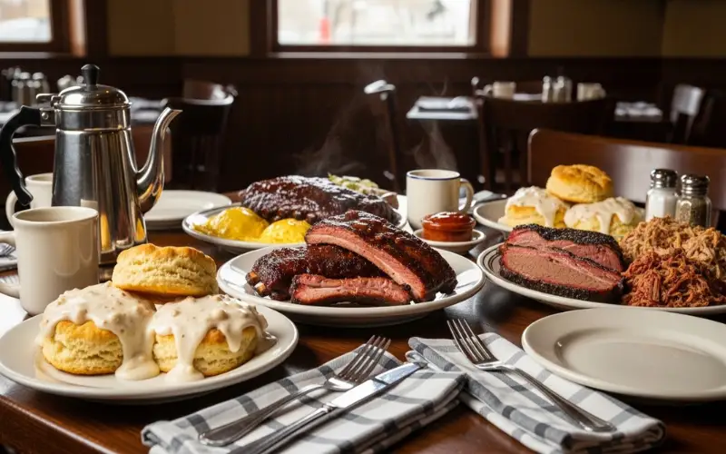 “Buttermilk biscuits with gravy, BBQ ribs, smoked meat, Southern breakfast table, cozy restaurant setting”