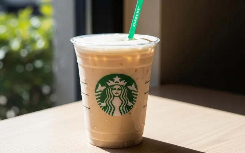 Starbucks Blonde Vanilla Latte iced in clear cup with oat milk, subtle vanilla, refreshing morning vibe.