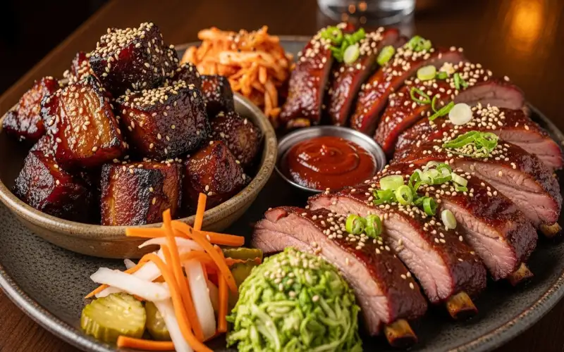 “BBQ ribs and boudin sausage, meat platter, restaurant table”