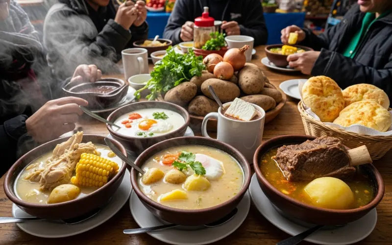 Traditional Colombian highlands breakfast scene in Bogotá, steaming bowls of ajiaco soup, changua, and caldo de costilla on rustic wooden table