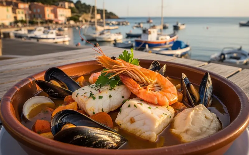 Seafood bouillabaisse with fish, prawns and mussels, coastal French setting.