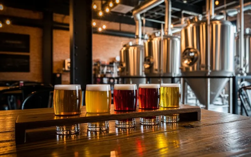 “Craft brewery Nashville, beer flight on wooden table, brewing tanks in background, industrial brewery interior, warm lighting”