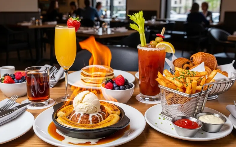 Brunch table with bananas foster dessert, breakfast fries, cocktails, modern brunch restaurant