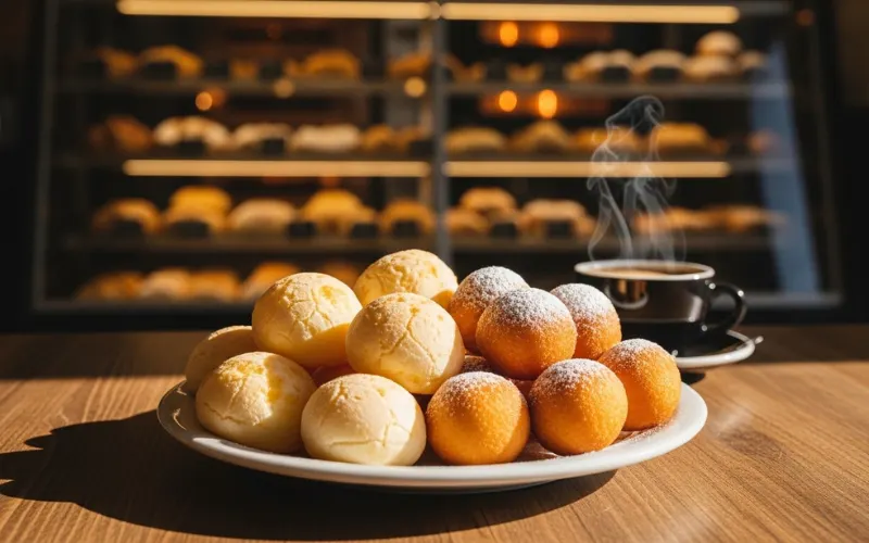 Cheese bread and fried dough balls on plate with coffee, bakery setting