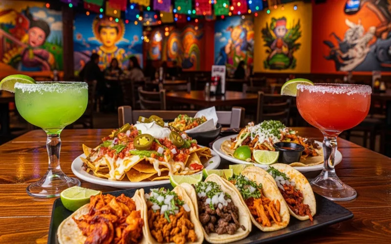 Mexican tacos, nachos, margaritas on table, colorful Mexican restaurant