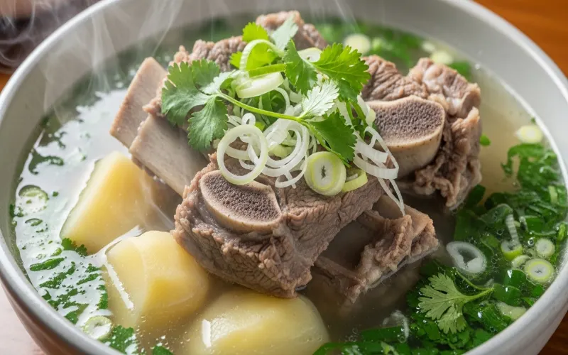 Beef rib soup with potatoes and herbs, steaming hot bowl close-up