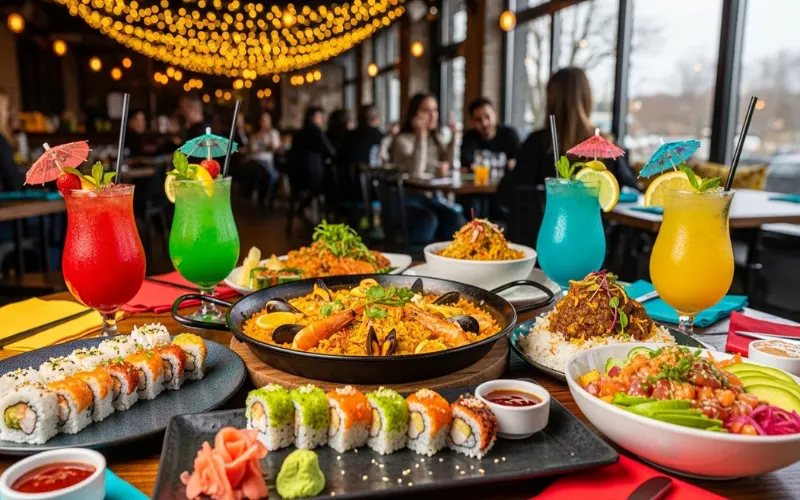 Colorful drinks and rice dishes on table, lively atmosphere